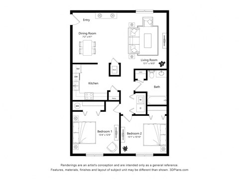 Floor plan for 2 beds, 1 bath, 864 sqft